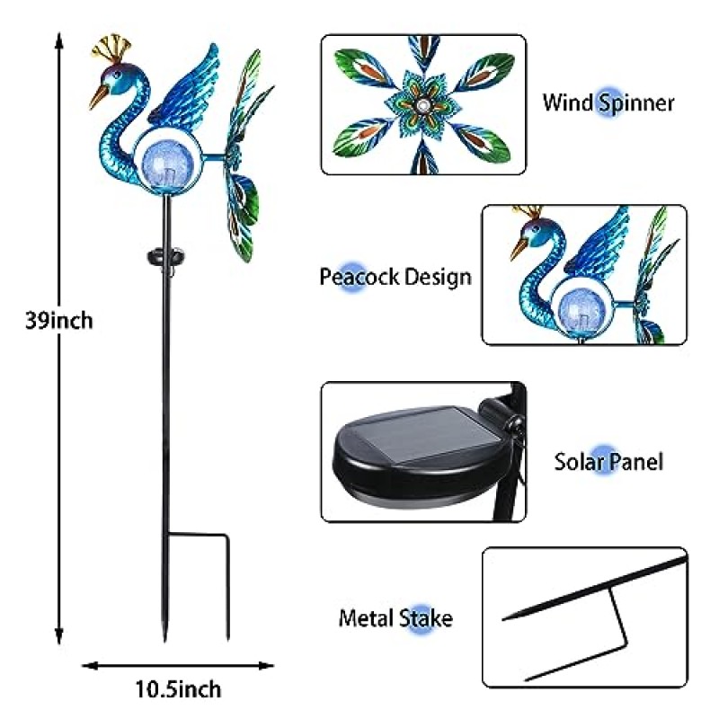 공작 바람 스피너 태양 정원 스테이크 조명 - 금이 간 유리 공 방수 야외 공작 장식 통로 조명 정원 파티오 잔디(1 팩)