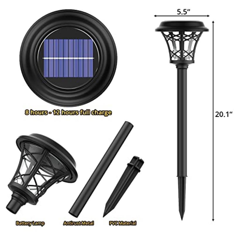 ILANCK 6팩 야외 태양광 조명은 20루멘으로 구동됩니다. 슈퍼 브라이트, 색상 변경 + 온백색 LED 태양광 경로 조명, 자동 온/오프 태양광 정원 조명 마당 잔디 파티오 산책로 진입로를 위한 태양광 풍경