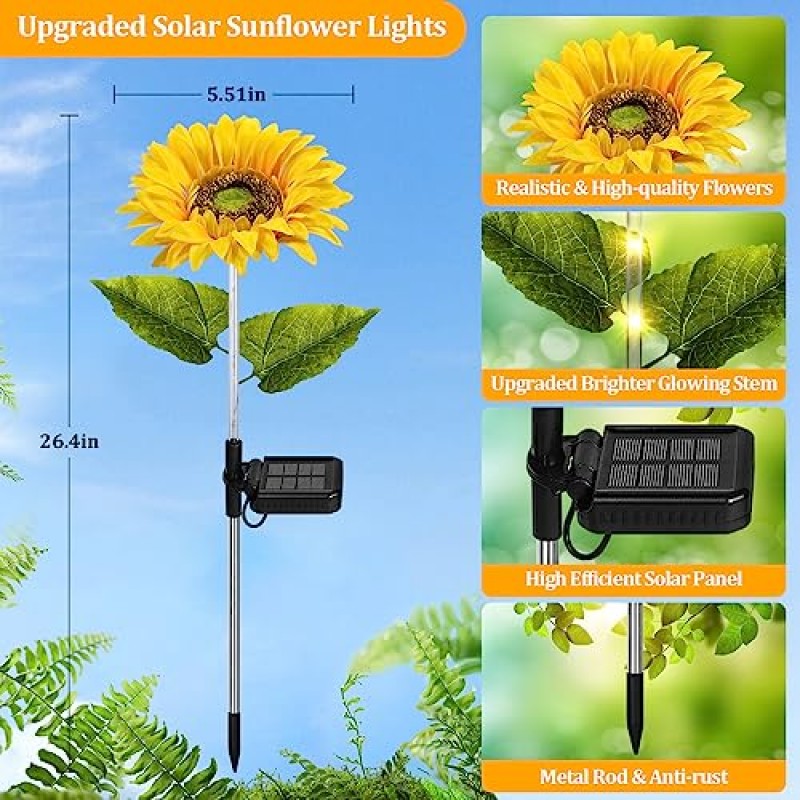 외부용 태양광 조명 4팩, 정원 ​​장식용 야외 방수 태양광 꽃 조명, 더 큰 해바라기가 있는 꽃 태양열 전원 조명, 태양광 요정 조명 장식 울타리 조경 파티오 야드 산책로