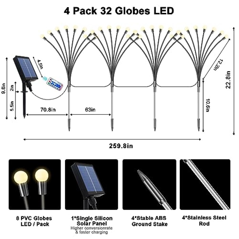 태양열 반딧불 조명 야외 원격 제어, 4 팩 32 LED 흔들리는 태양열 정원 조명 8 가지 모드, 마당 파티오 잔디 통로 파티 장식 크리스마스 장식용 방수 장식 조명, 따뜻한 흰색