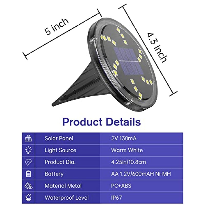 NFESOLAR 태양광 야외 조명 방수 18개 LED, 6팩 태양광 지상 조명 마당 정원 파티오 잔디 산책로 진입로용 밝은 태양광 통로 조명(따뜻함)