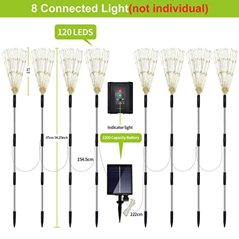 태양 정원 불꽃 놀이 조명 야외 8 팩, 8 모드, 120 LED 방수 구리 와이어 DIY 태양 장식 조명, 마당 통로 파티 장식용 원격 제어