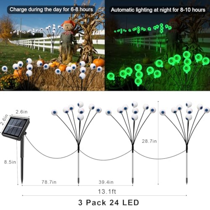 할로윈 안구 조명 태양 야외, 3 팩 24LED 무서운 안구 흔들리는 조명, 방수 8 모드 태양 할로윈 장식 마당 정원 잔디 파티 장식용 경로 조명(녹색)