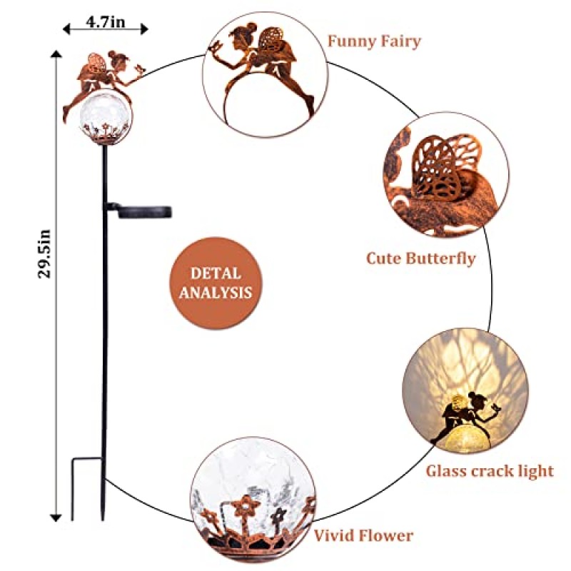 Vbioa 정원 장식 야외 태양열 요정 조명 - 봄 정원 조명 금속 말뚝 마당 예술 장식, 정원 선물용 방수 LED 태양열 조명 파티오 잔디밭 뒷마당 풍경