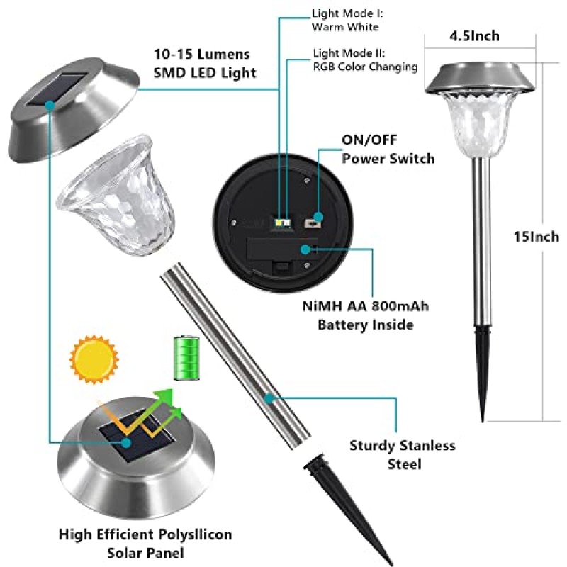 Sibinsy 6 팩 태양 정원 조명 장식 금속 태양 통로 조명 야외 잔디 조명 태양열 전원 방수 마당 파티오 LED 산책로 스테이크 색상 변경 조경 조명 실버