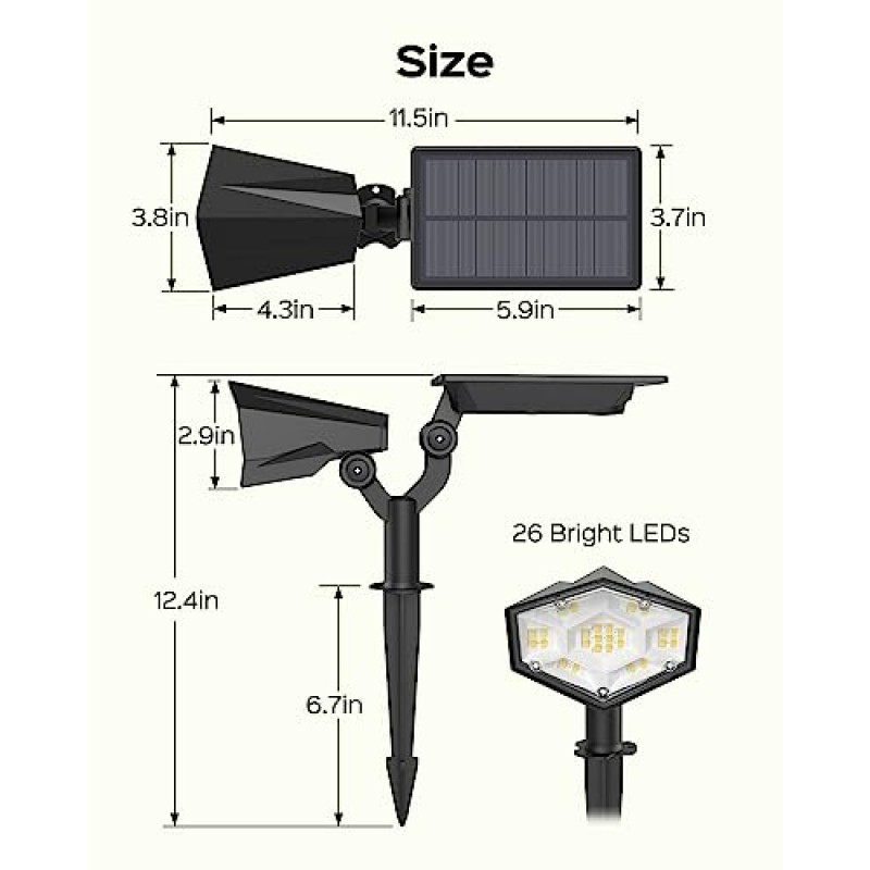 JACKYLED 태양광 스포트라이트 실외, 4개 모드 3000K/6000K, 26개의 밝은 LED가 있는 태양광 경관 조명, 패널 및 조명 조절 가능, 정원, 마당, 진입로, 통로용 IP65 방수 태양광 스포트라이트, 2팩