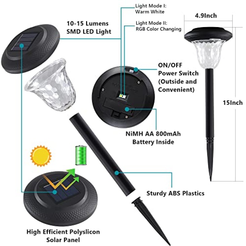 Sibinsy 6 팩 태양 정원 조명 장식 태양 통로 조명 야외 잔디 조명 태양열 전원 방수 마당 파티오 LED 산책로 스테이크 색상 변경 조경 조명 블랙