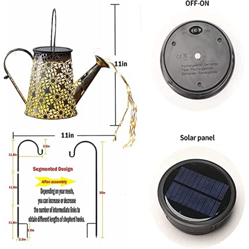 Vcdsoy 조명이 있는 태양열 물뿌리개 - 태양열 조명 야외 정원 장식 방수, 매달린 폭포 요정 조명 정원 테이블용 정원 선물 파티오 야드 통로 산책로(셰퍼드 후크 포함)