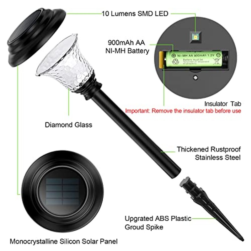 야외용 Balhvit 유리 태양광 조명, 8팩 슈퍼 밝은 태양광 통로 조명, 최대 12시간 지속 자동 켜짐/꺼짐 정원 조명 태양열 전원 방수, 마당용 스테인레스 스틸 LED 조경 조명