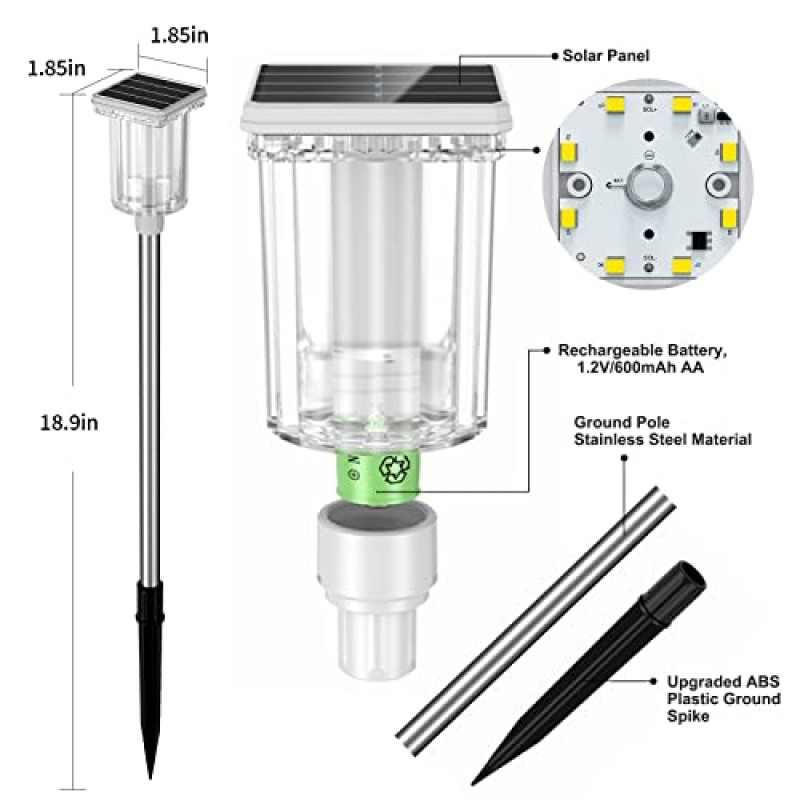 NEWMESSI 마당/정원/산책로용 야외 태양광 통로 조명, 8개의 LED 구슬, IP54 방수, 고휘도, 600mAh 배터리, 스테인레스 스틸 기둥, 태양광 경관 통로 조명(10팩)