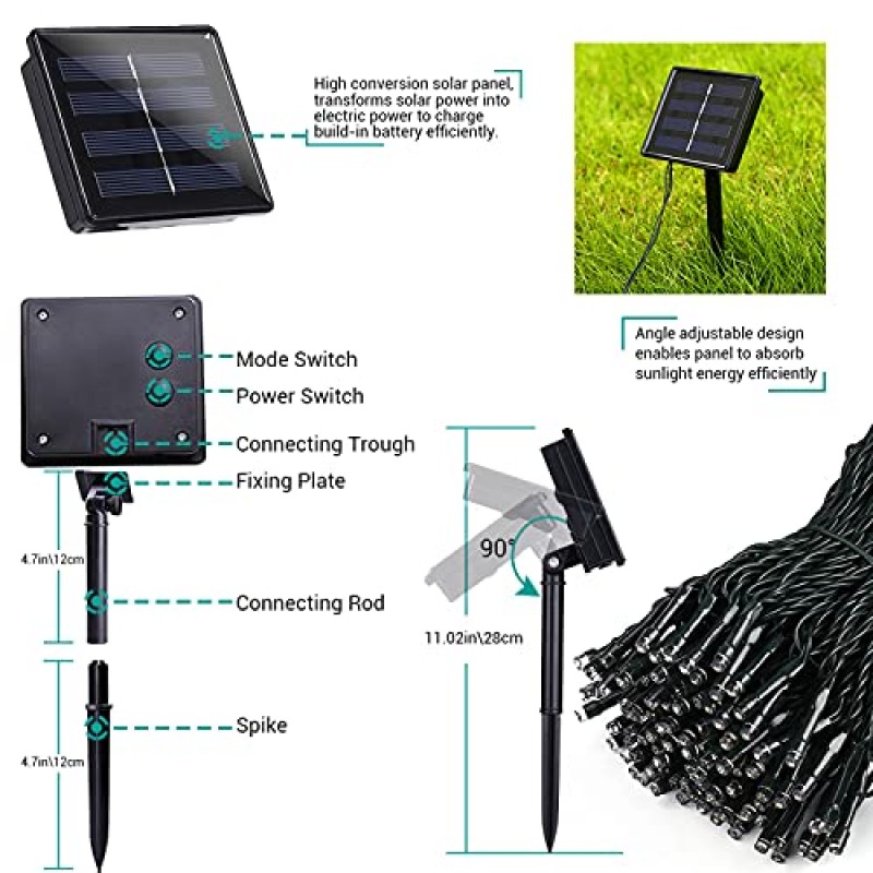 Flacchi 2팩 태양열 스트링 조명 각 72피트 200 LED 8가지 모드 야외 스트링 조명 정원, 파티오, 울타리, 발코니, 옥외, 휴일 장식(다색)을 위한 방수 태양열 요정 조명