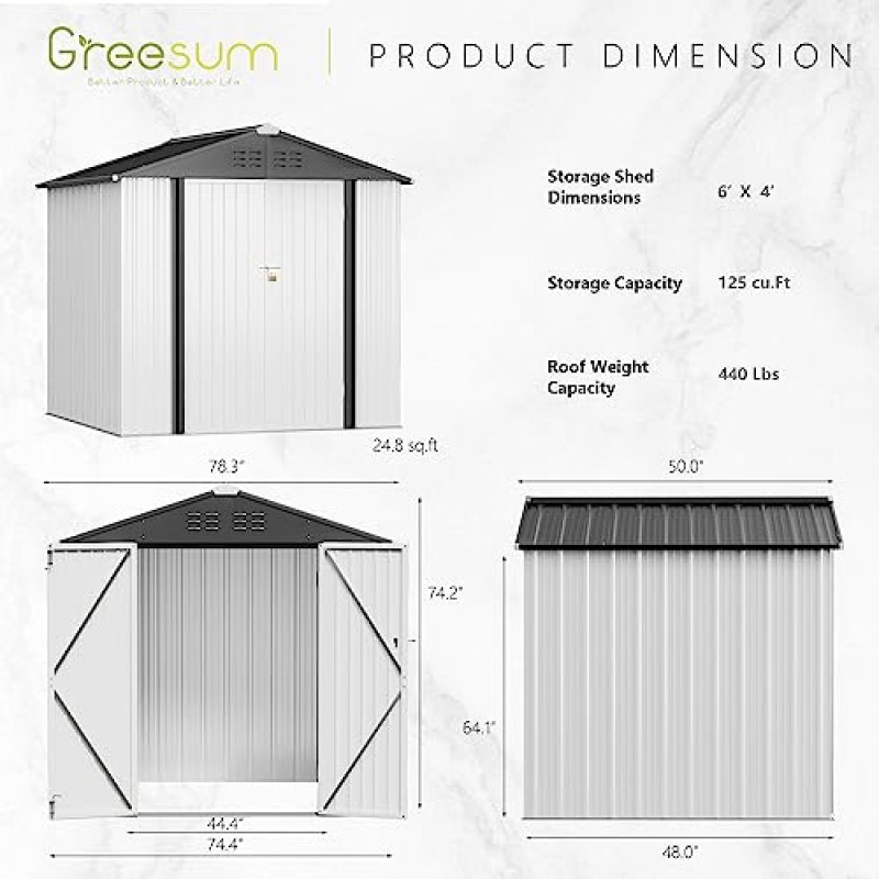 Greesum 금속 야외 저장 창고 6피트 x 4피트, 강철 유틸리티 도구 창고 도어 및 잠금 장치가 있는 저장 하우스, 금속 창고 뒷마당 정원 파티오 잔디밭을 위한 야외 저장, 흰색