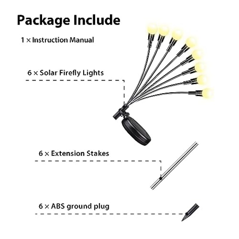 태양광 정원 조명, 6팩 태양광 반딧불 조명, 새로운 업그레이드된 정원 조명 태양광 발전 방수 조명, 태양광 발전 반딧불 조명, 정원 경로 장식용 태양광 흔들리는 조명(따뜻한 흰색)