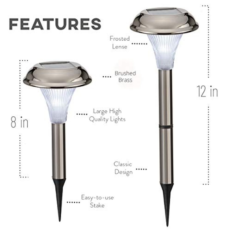 야외 통로용 태양광 조명 - 8개의 가장 밝은 조명 세트, 산책로, 파티오, 길, 잔디밭, 정원, 외부 조경 및 마당 장식, 세련된 디자인, 높이 12인치용 아름다운 새틴 블랙 크롬 금속