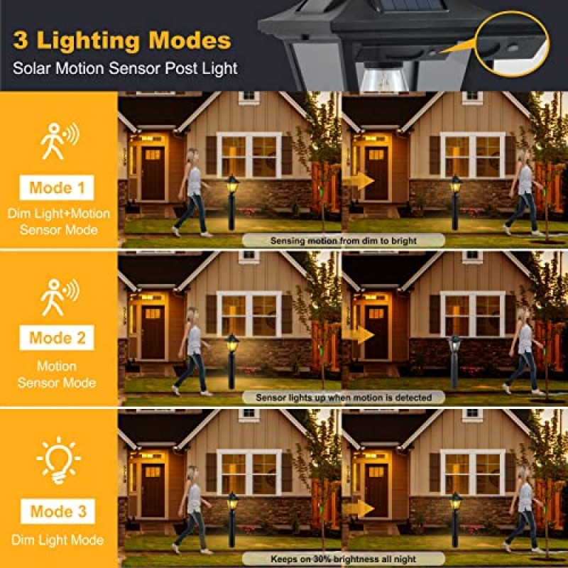 DARIISI 태양광 포스트 전등 설비, 부두 마운트 베이스가 있는 모션 센서 태양광 램프 포스트 조명, 야외 방수 포스트 랜턴, 마당 정원 통로용 검정색 야외 태양광 조명