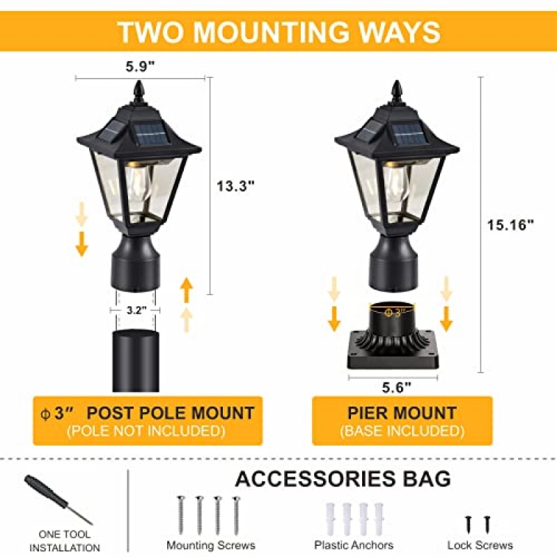 DARIISI 태양광 포스트 전등 설비, 부두 마운트 베이스가 있는 모션 센서 태양광 램프 포스트 조명, 야외 방수 포스트 랜턴, 마당 정원 통로용 검정색 야외 태양광 조명