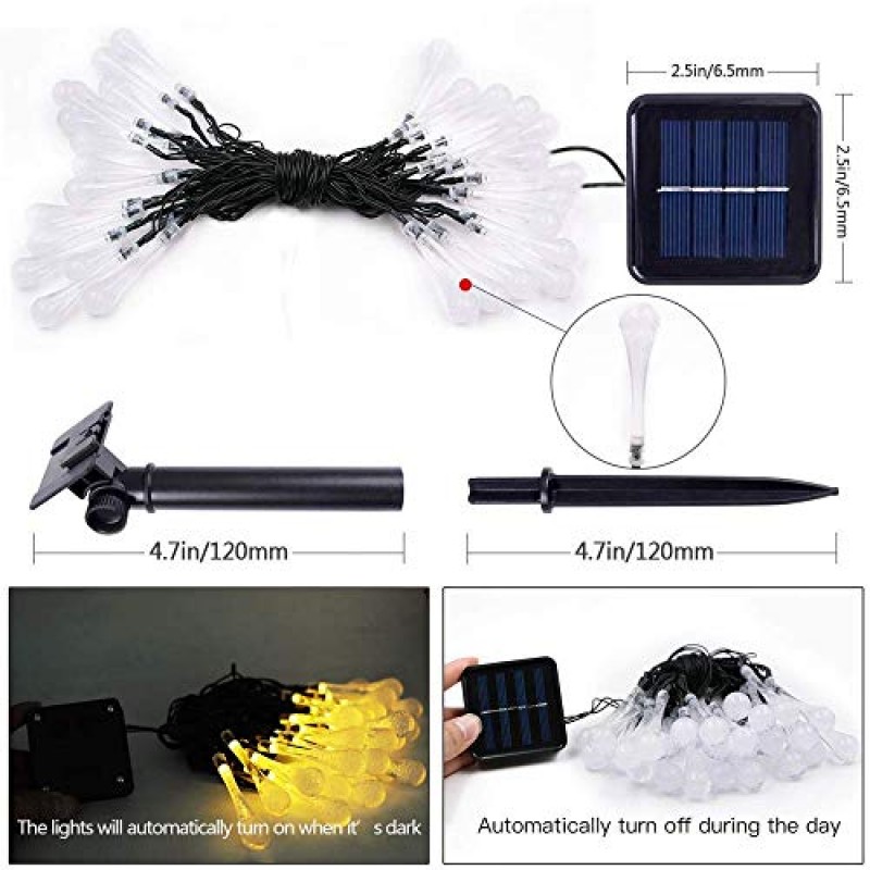 태양열 끈 조명, 22.9피트 50 고급 방수 워터 드롭 모드 LED 태양열 요정 조명, 파티오, 잔디밭, 집, 정원, 결혼식, 파티 장식용 야외 성 발렌타인 데이 조명