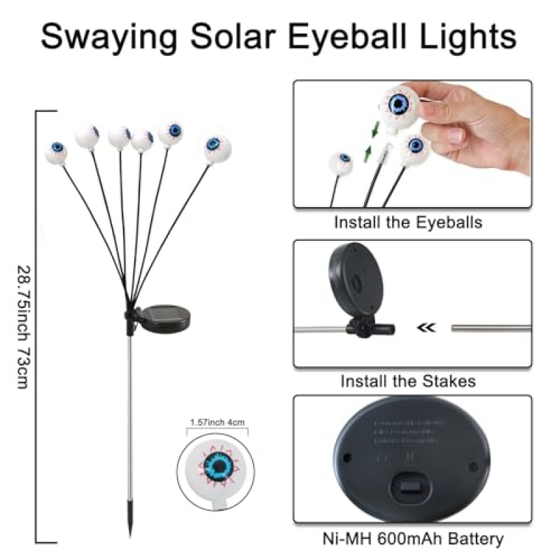 YShengMian 할로윈 장식 야외 조명, 2 팩 12LED 흔들리는 태양광 색 안구 조명, 무서운 할로윈 조명 외부, 마당/잔디/파티 장식을 위한 방수 태양광 할로윈 정원 조명