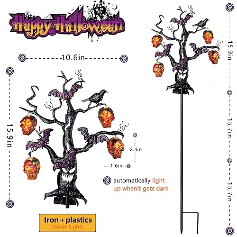 할로윈 태양 빛 야외 장식 방수 2 팩, 무서운 철 예술 통로 조명 금속 마당 정원 스테이크 조명 야외 잔디 마당 현관 장식품 박쥐 해골 나무 파티 장식