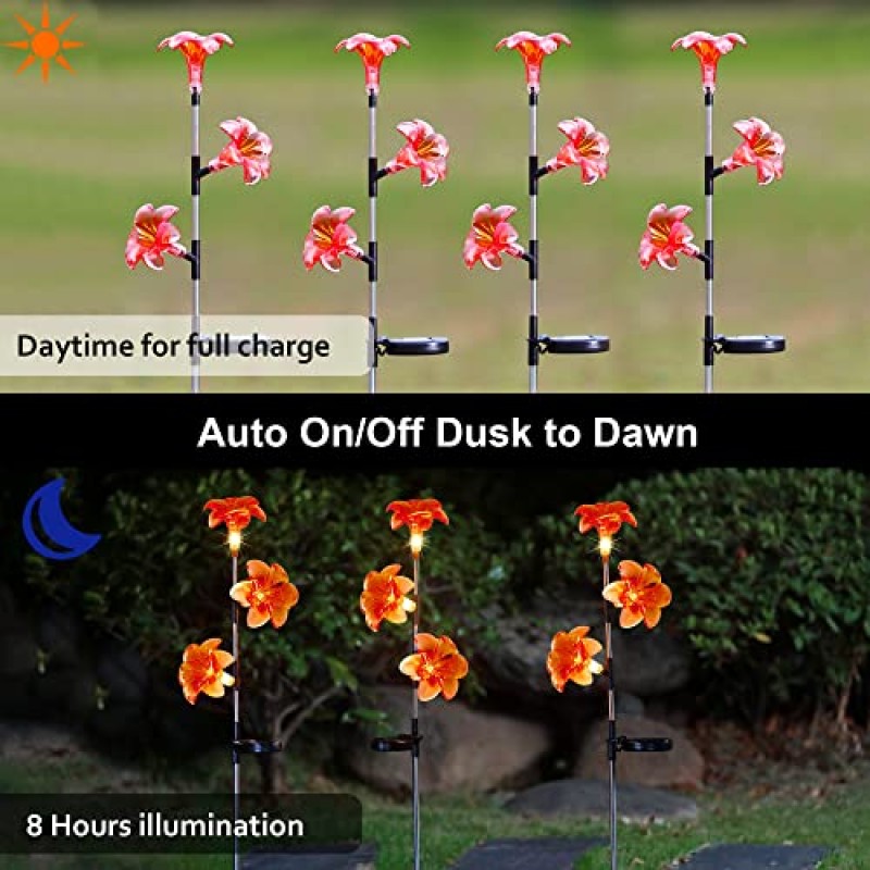 Glintoper 태양광 조명, 2팩 야외 장식 백합 꽃 조명, 6개의 꽃이 있는 방수 태양열 전원 정원 조각상 말뚝, 테라스 마당 통로용 따뜻한 흰색 LED 조경 조명