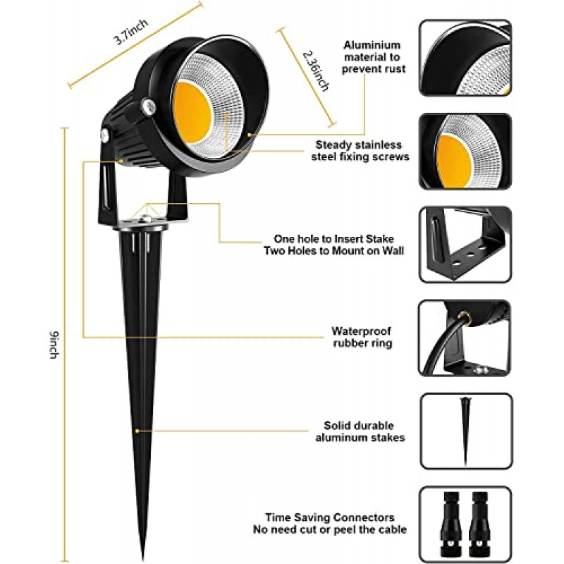 ZUCKEO 10W 조경 조명 커넥터가 있는 12V 24V 저전압 LED 조경 조명, 1000LM 따뜻한 흰색 빛 IP66 방수 조경 스포트라이트 마당 잔디 정원 야외 조명(2팩)