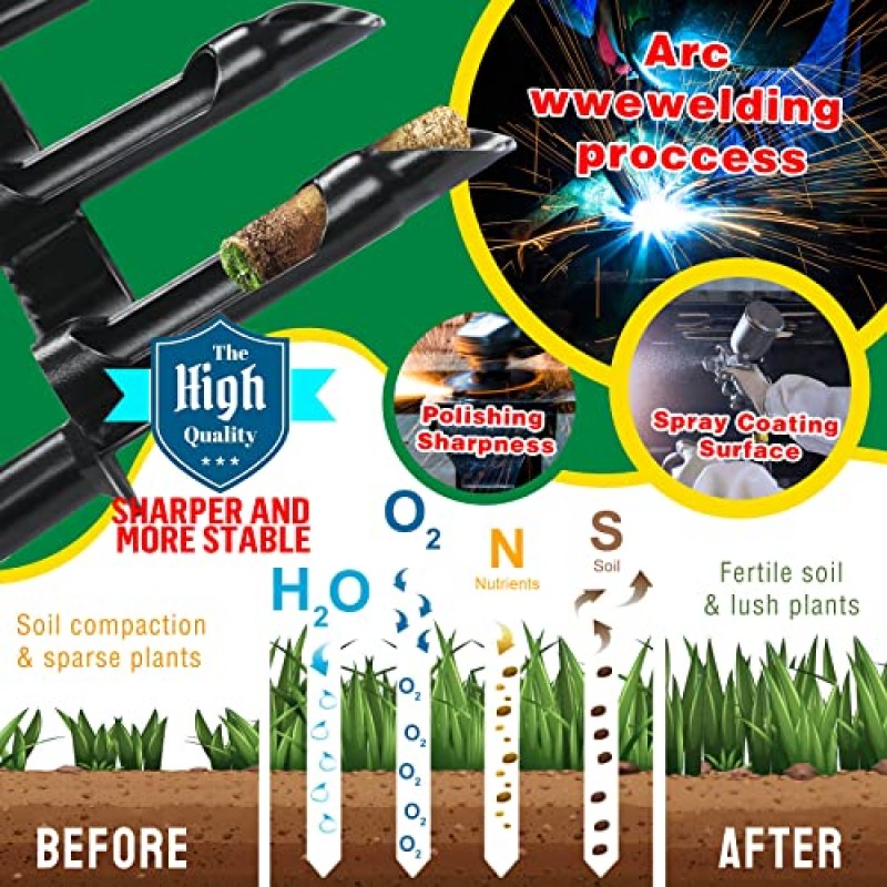 EEIEER 잔디 통풍기 코어링 도구, 업그레이드된 수동 마당 통풍 도구 및 청소 도구, 잔디밭 정원 및 압축 토양용 날카로운 타인 3개 포함 플러그 코어 통풍기, 38'-검정색
