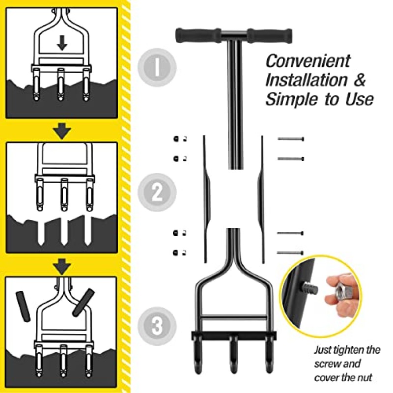 EEIEER 잔디 통풍기 코어링 도구, 업그레이드된 수동 마당 통풍 도구 및 청소 도구, 잔디밭 정원 및 압축 토양용 날카로운 타인 3개 포함 플러그 코어 통풍기, 38'-검정색
