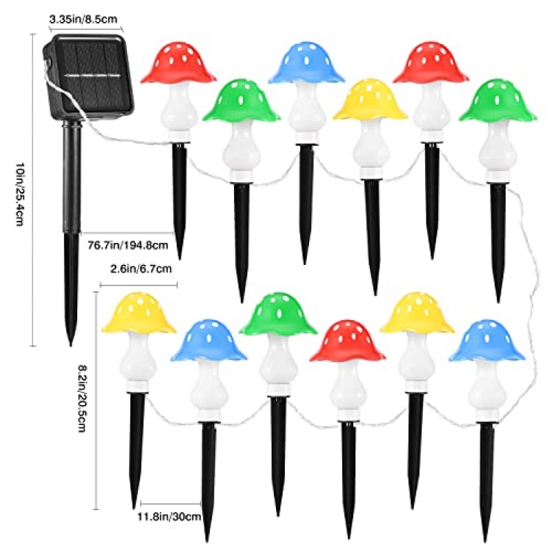 12pcs 버섯 태양열 조명 세트 야외 정원 방수, 8 가지 조명 모드 태양열 버섯 조명, 태양열 LED 스트링 조명이있는 버섯 장식 정원 외부 마당 경로 잔디 크리스마스 (벨)