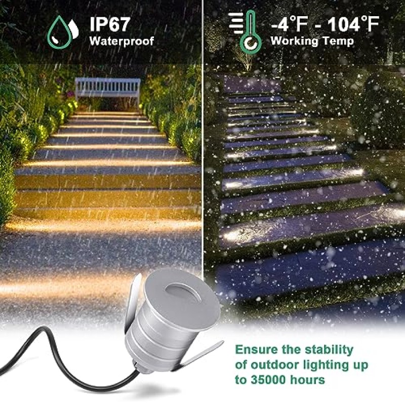 Landscapestation 옥외 매립형 LED 데크 조명 단계 조명, 미니 지상 LED 경관 조명, IP67 방수 1W 12V-24V DC 정원 잔디밭 계단 파티오용 저전압, 3000K