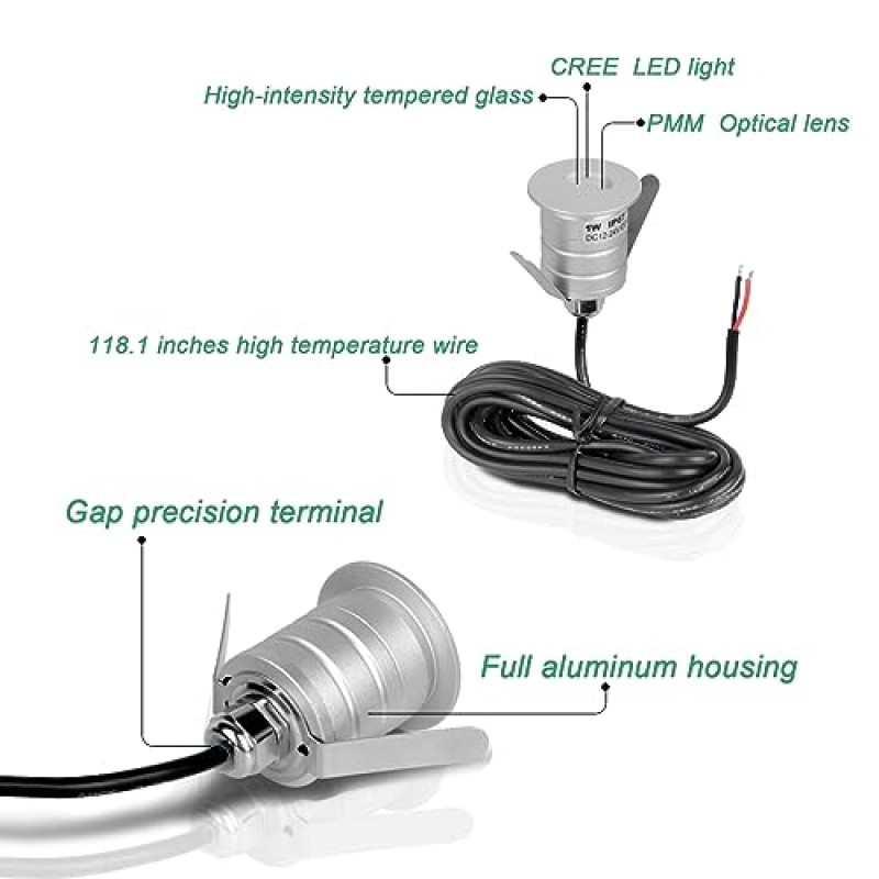 Landscapestation 옥외 매립형 LED 데크 조명 단계 조명, 미니 지상 LED 경관 조명, IP67 방수 1W 12V-24V DC 정원 잔디밭 계단 파티오용 저전압, 3000K