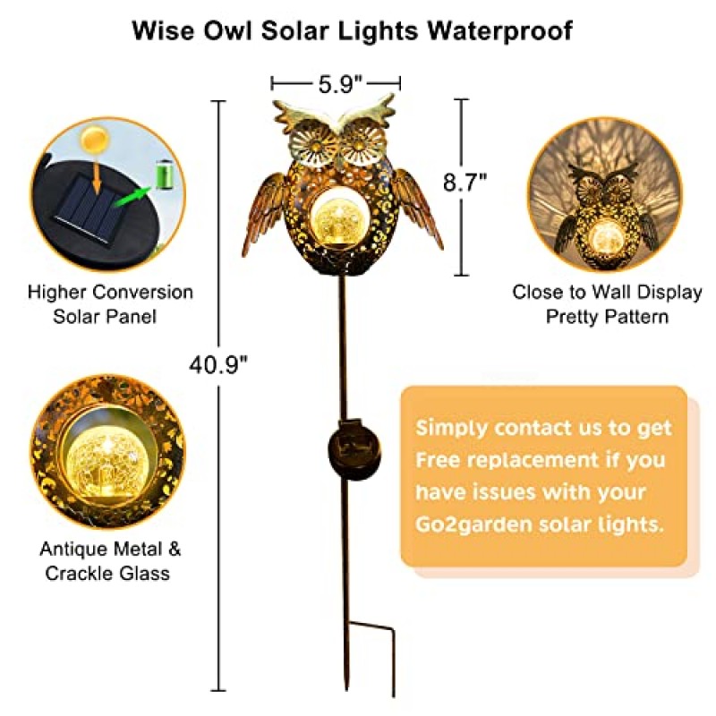 Go2garden 태양광 조명 야외 올빼미 장식 금속 말뚝 조명 잔디밭, 마당 예술, 통로, 파티오 장식(청동)을 위한 딱딱한 유리 빛
