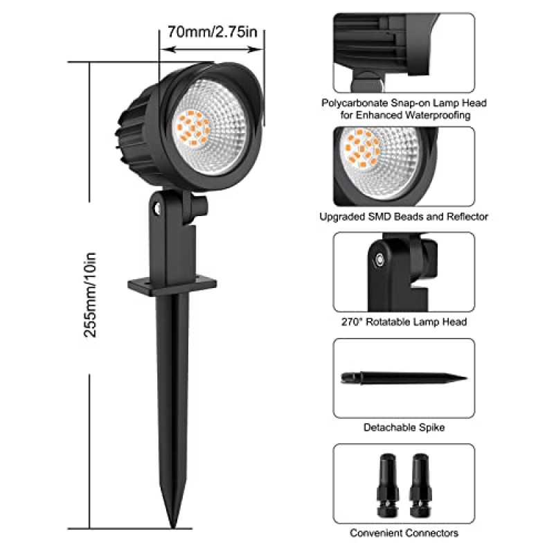 MEIKEE 7W LED 조경 조명 커넥터가 있는 저전압 야외 스포트라이트, 3000K 온백색 조경 조명, 진입로, 마당, 잔디밭, 홍수, 수영장, 정원용 IP66 방수(1팩)