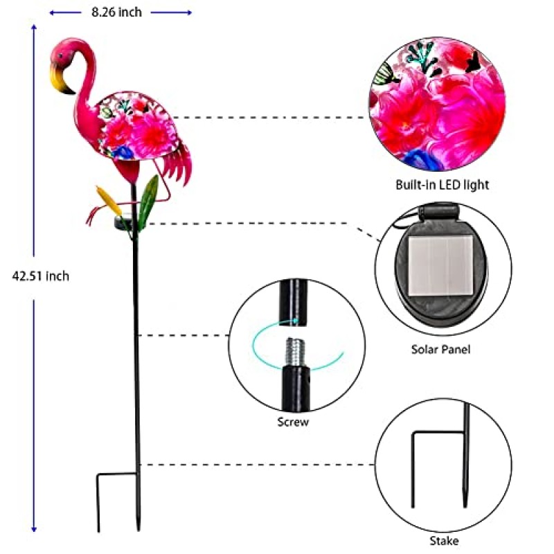 WUFEILY 태양광 정원 조명, 유리 및 금속 플라밍고 태양광 정원 장식 태양광 통로 조명 태양광 정원 스테이크 장식 마당 아트 야드 장식 파티오 잔디 안뜰에 방수