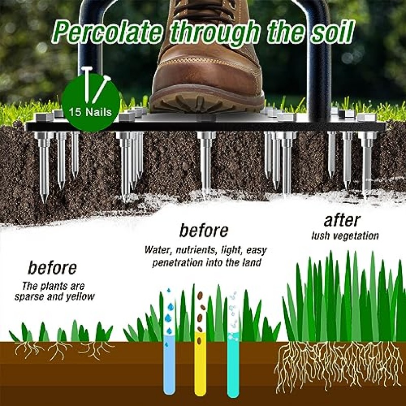 Kedoxi 잔디 통풍기 코어링 도구, 수동 잔디 코어링 통풍기 15 코어 스파이크, 잔디 및 정원 도구 플러그 통기 잔디 정원 압축 토양 및 잔디밭용 헤비 듀티 플러그 코어 통기 도구