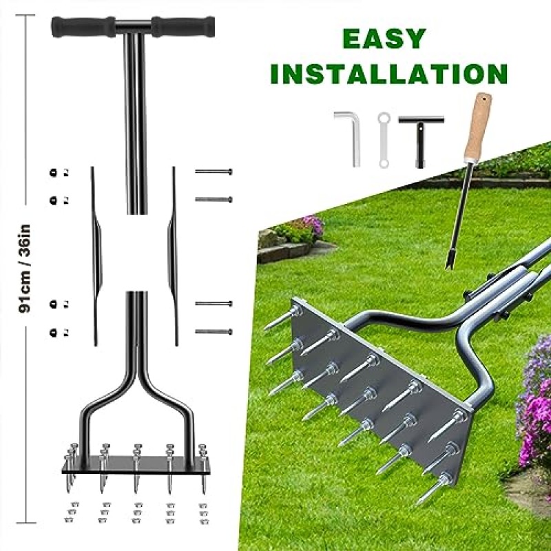 Kedoxi 잔디 통풍기 코어링 도구, 수동 잔디 코어링 통풍기 15 코어 스파이크, 잔디 및 정원 도구 플러그 통기 잔디 정원 압축 토양 및 잔디밭용 헤비 듀티 플러그 코어 통기 도구