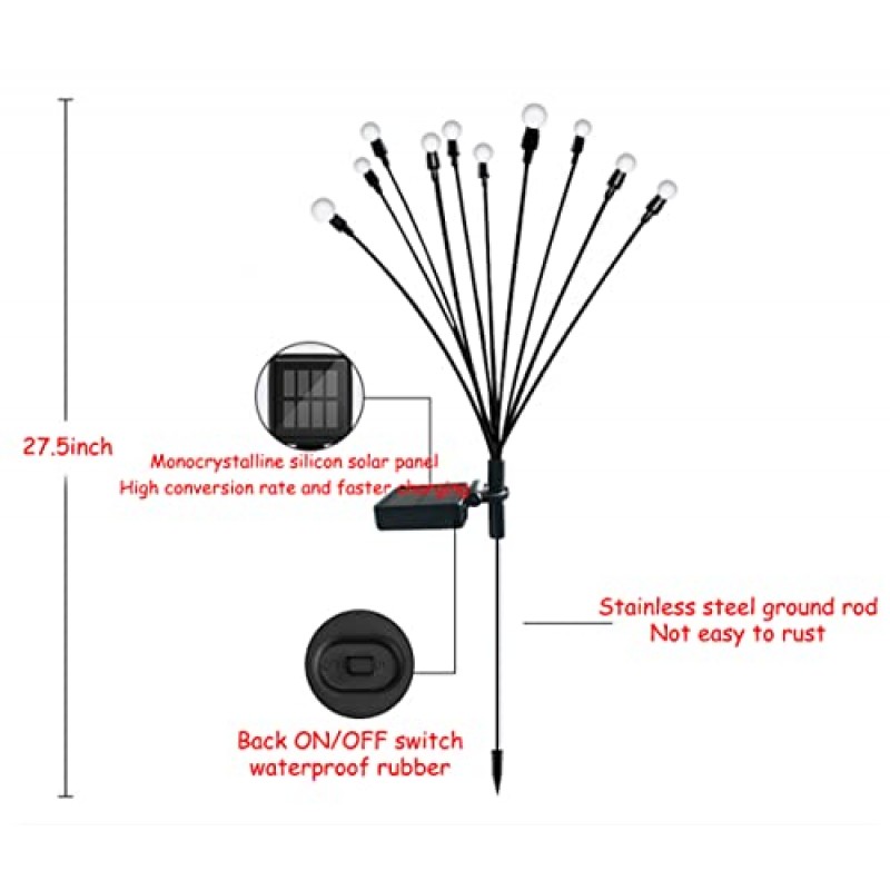 JURASNOW 2PCS 10 헤드 태양열 전원 반딧불 조명, 10 LED 야외 방수 태양 항성 흔들리는 정원 조명, 바람이 불 때 흔들리는 태양 정원 조명 야외 장식 문자열 조명