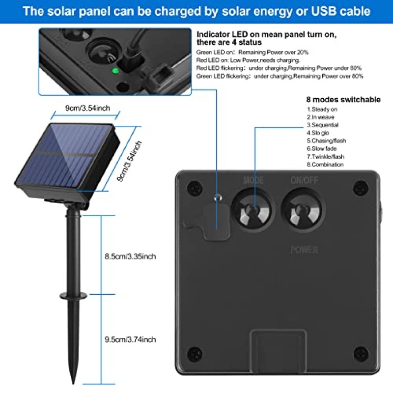 IMAGE 8가지 모드 태양광 로프 조명 야외 스트링 조명 78.7피트 20M 방수 200LED 실내 실외 정원 파티 파티오 잔디 장식 화이트 색상