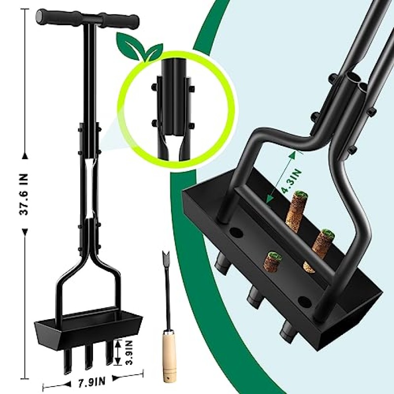 토양 코어 보관 트레이가 포함된 vanpein 잔디 통풍기 코어링 정원 도구, 수동 마당 플러그 통풍기 및 청소 도구, 잔디 관리용 타인 3개가 포함된 잔디 통풍 원예 도구, 압축 토양, 37.6