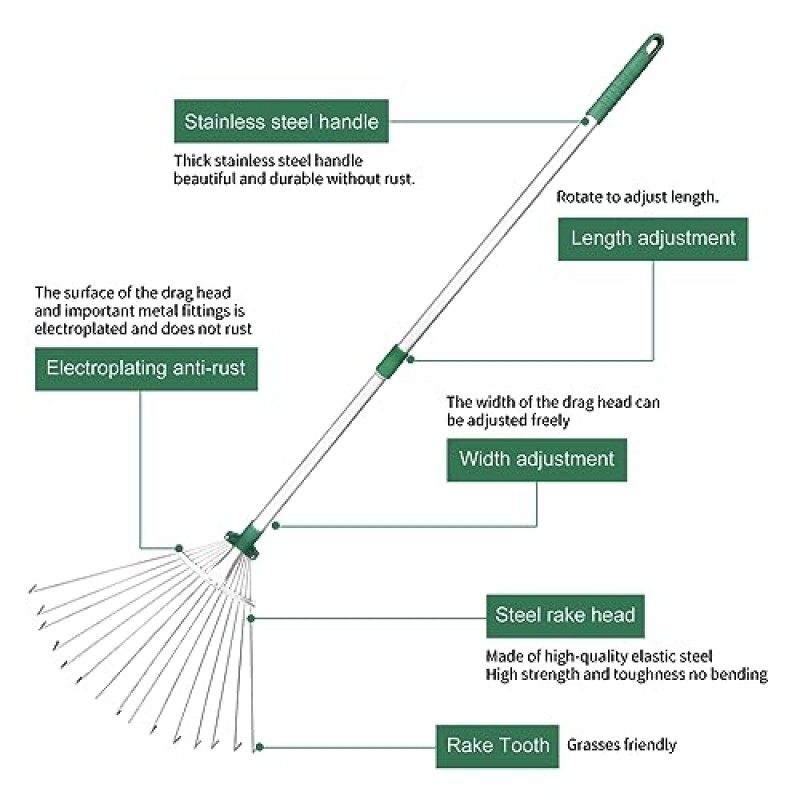 GARTOL 조정 가능한 정원 잎 갈퀴, 72 갤런 재사용 가능한 야드 폐기물 봉투가 있는 33 ~ 63 인치 접이식 및 신축식 금속 갈퀴, 잔디밭, 캠핑, 관목 및 소규모 지역을 위한 확장 가능한 잎 갈퀴