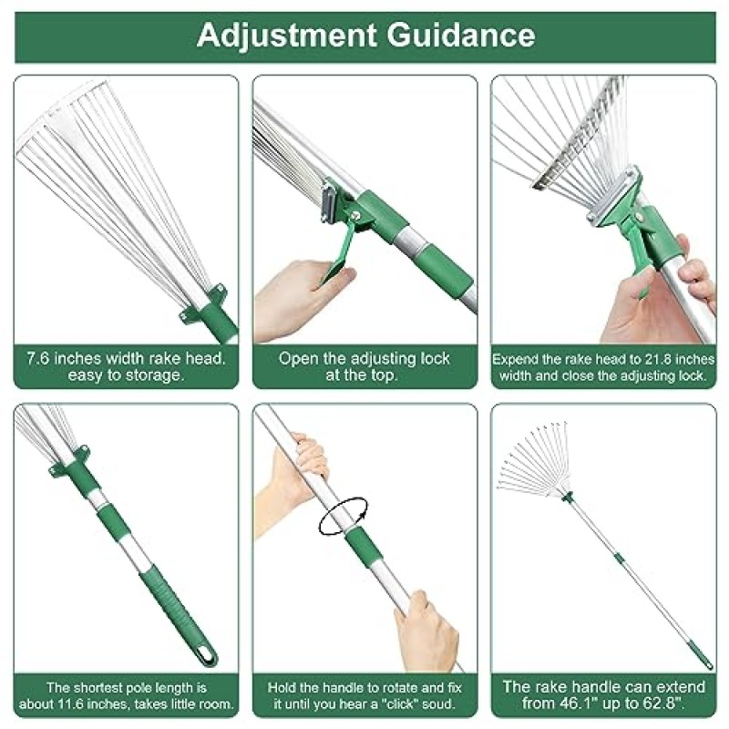 GARTOL 조정 가능한 정원 잎 갈퀴, 72 갤런 재사용 가능한 야드 폐기물 봉투가 있는 33 ~ 63 인치 접이식 및 신축식 금속 갈퀴, 잔디밭, 캠핑, 관목 및 소규모 지역을 위한 확장 가능한 잎 갈퀴