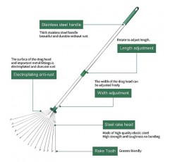 GARTOL 조정 가능한 정원 잎 갈퀴, 72 갤런 재사용 가능한 야드 폐기물 봉투가 있는 33 ~ 63 인치 접이식 및 신축식 금속 갈퀴, 잔디밭, 캠핑, 관목 및 소규모 지역을 위한 확장 가능한 잎 갈퀴