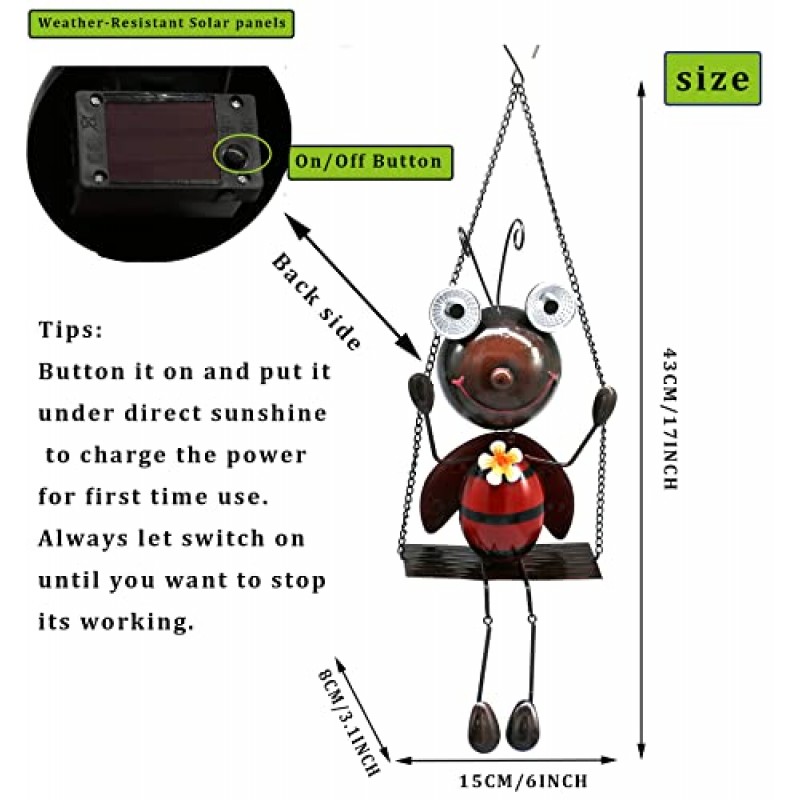 GDF 태양 레이디 버그 스윙 금속 무당 벌레 매달려 동물 정원 장식 방수 태양 빛 장식 야외 조명 외부 파티오 발코니 통로 잔디 마당, 그녀/그를위한 선물