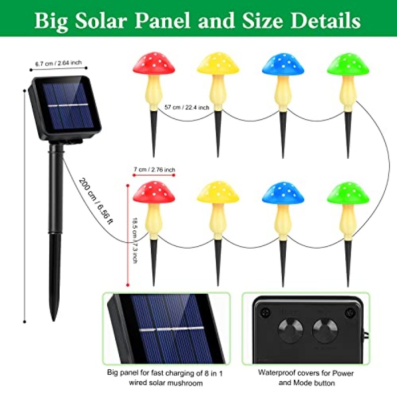 ReyeeInc 태양열 정원 장식 조명, 마당 잔디밭 화단 통로 장식(8 in 1)을 위한 8개의 조명과 8가지 모드가 있는 태양열 전원 버섯 야외 방수 오래 지속되는 버섯 스테이크 조명