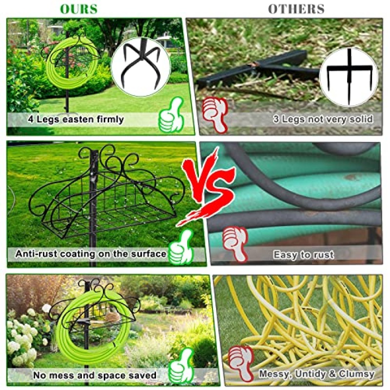 독립형 정원 호스 홀더 4개의 뾰족한 발, 튼튼한 분리형 야외 정원 호스 홀더 도구 보관 바구니가 있는 스탠드, 마당 잔디 파티오용 장식용 물 파이프 릴 주최자(금속)