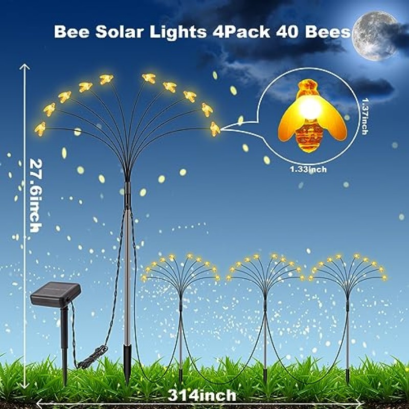 4 팩 10 LED 태양열 정원 조명 - 태양열 구동 꿀벌 장식 정원 조명, 파티오, 마당, 안뜰, 산책로, 원예 용품을위한 방수 잔디 장식