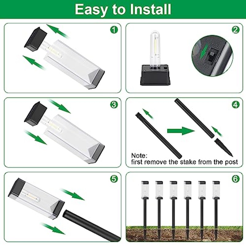 태양광 실외 조명, LED 텅스텐 필라멘트 전구가 포함된 6팩 태양광 통로 조명, 외부, 정원, 조경, 차도, 산책로, 마당, 인도, 잔디용 스테인레스 스틸 방수 태양광 조명