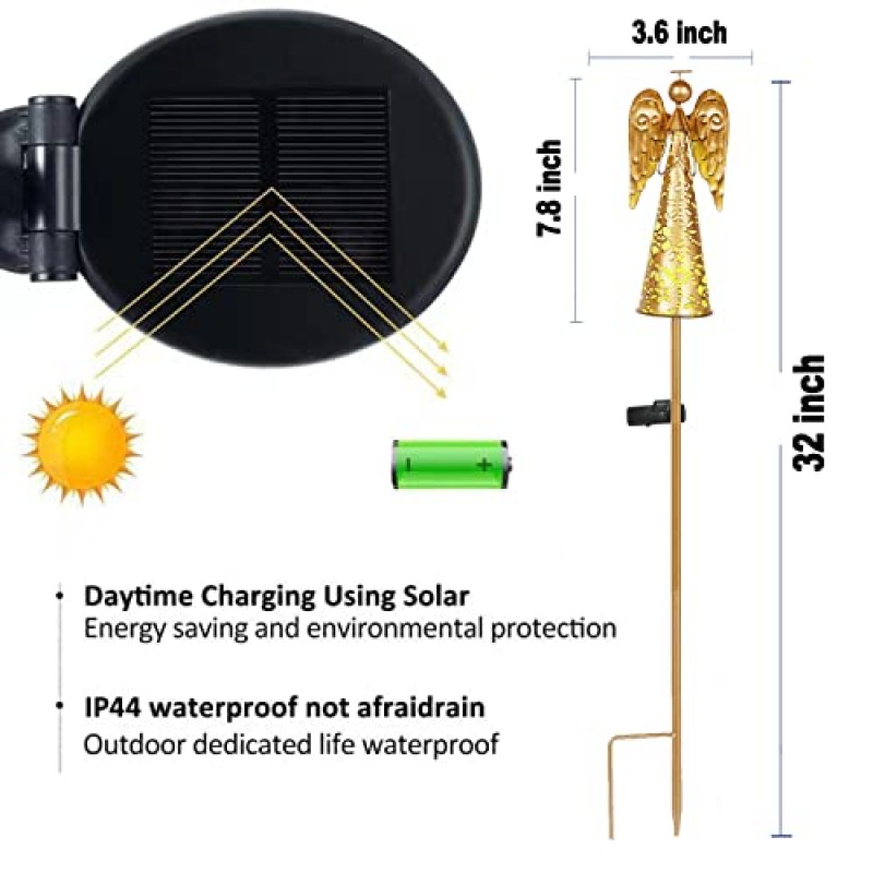 태양열 정원 조명 2 팩 금속 천사 장식 야외 따뜻한 흰색 LED 장식 태양 스테이크 빛 정원 잔디 마당 파티오 또는 안뜰 - 천사 기념 선물 및 동정 선물로 완벽