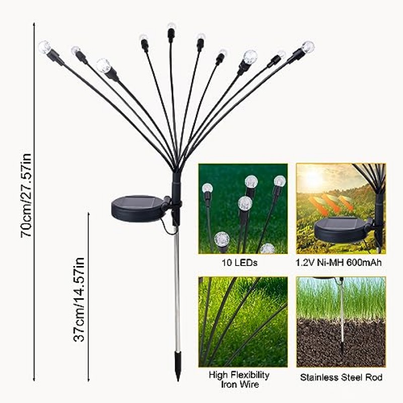 Hisim 태양광 정원 조명 2팩, 20개의 LED 태양광 흔들리는 조명, 2가지 조명 모드가 있는 크리스탈 태양광 반딧불 조명, 야드 파티오 통로 잔디 장식용 실외 방수 태양광 장식 조명, 따뜻한 흰색