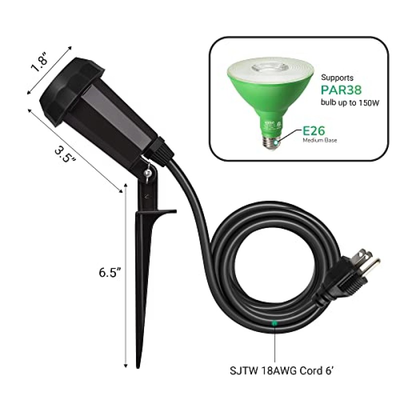 EDISHINE 2팩 할로윈 스포트라이트 야외 플러그 인(6피트 코드 포함), 120V 비바람에 견디는 야외 투광 스테이크 조명, E26 베이스 PAR38 전구 야외 조명 소켓, 휴일, 파티오, 마당, 깃발, UL 인증