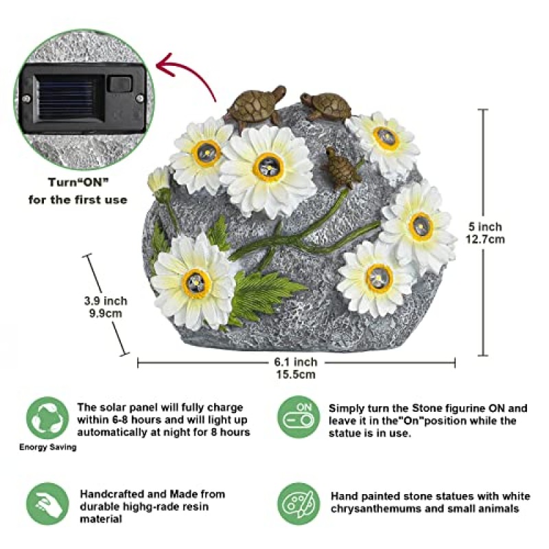 Argodaze 수지 태양열 정원 인형 데이지와 6 개의 LED 조명이있는 거북이 뒷마당 잔디 파티오 야외 발코니 동상에 대한 환영 홈 장식 독특한 엄마 생일 집들이 선물